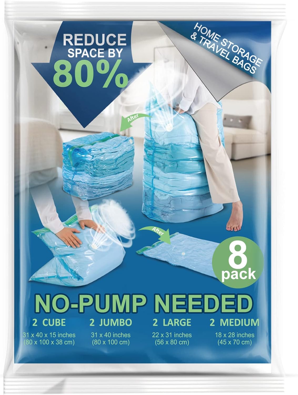 TAILI 8 Pack Vacuum Storage Bags Combo(2 Cube, 2 Jumbo, 2 Large, 2 Medium), Blue...