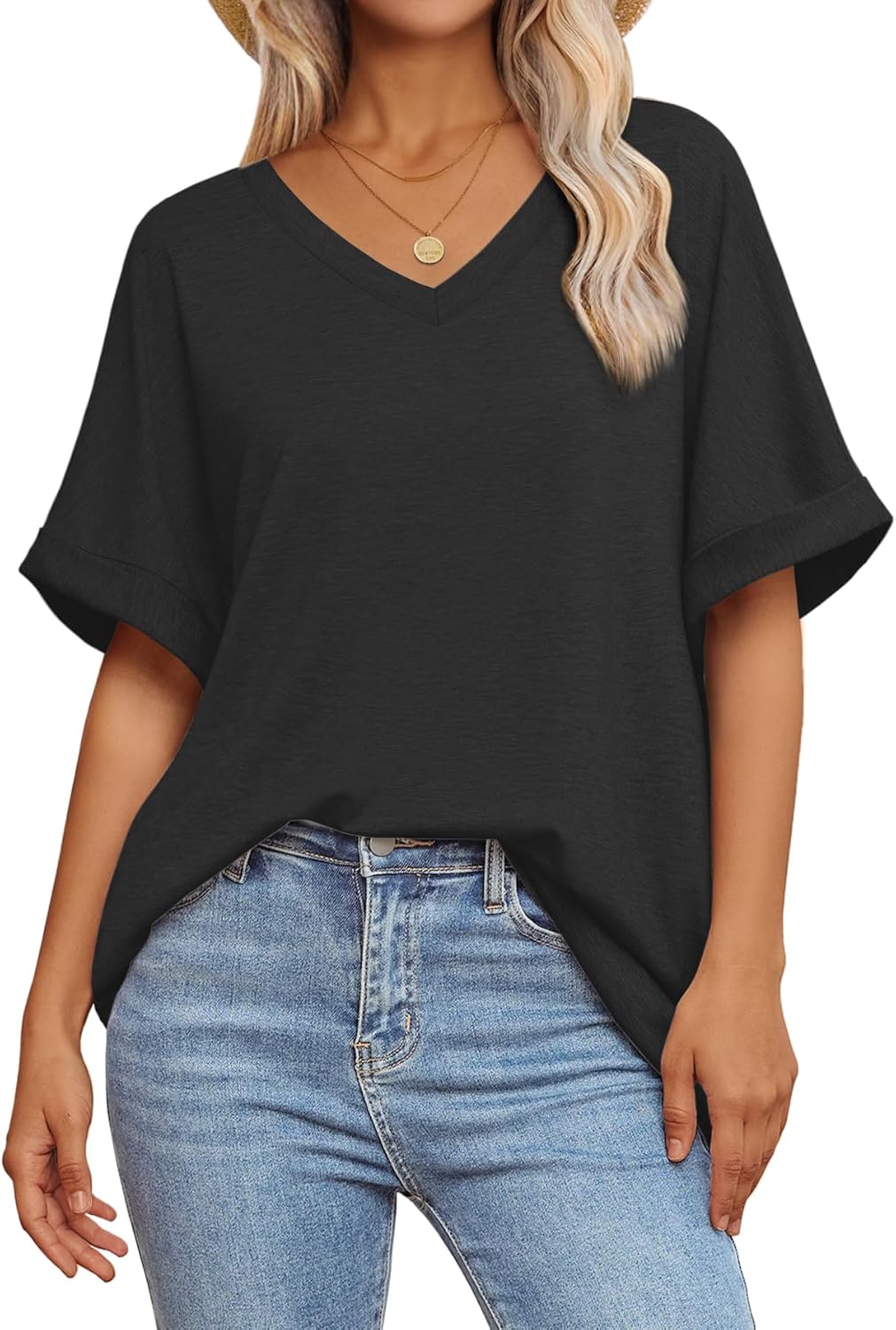 ATHMILE Womens Oversized T Shirts Loose Fit V Neck Short Sleeve Summer Casual Bl...