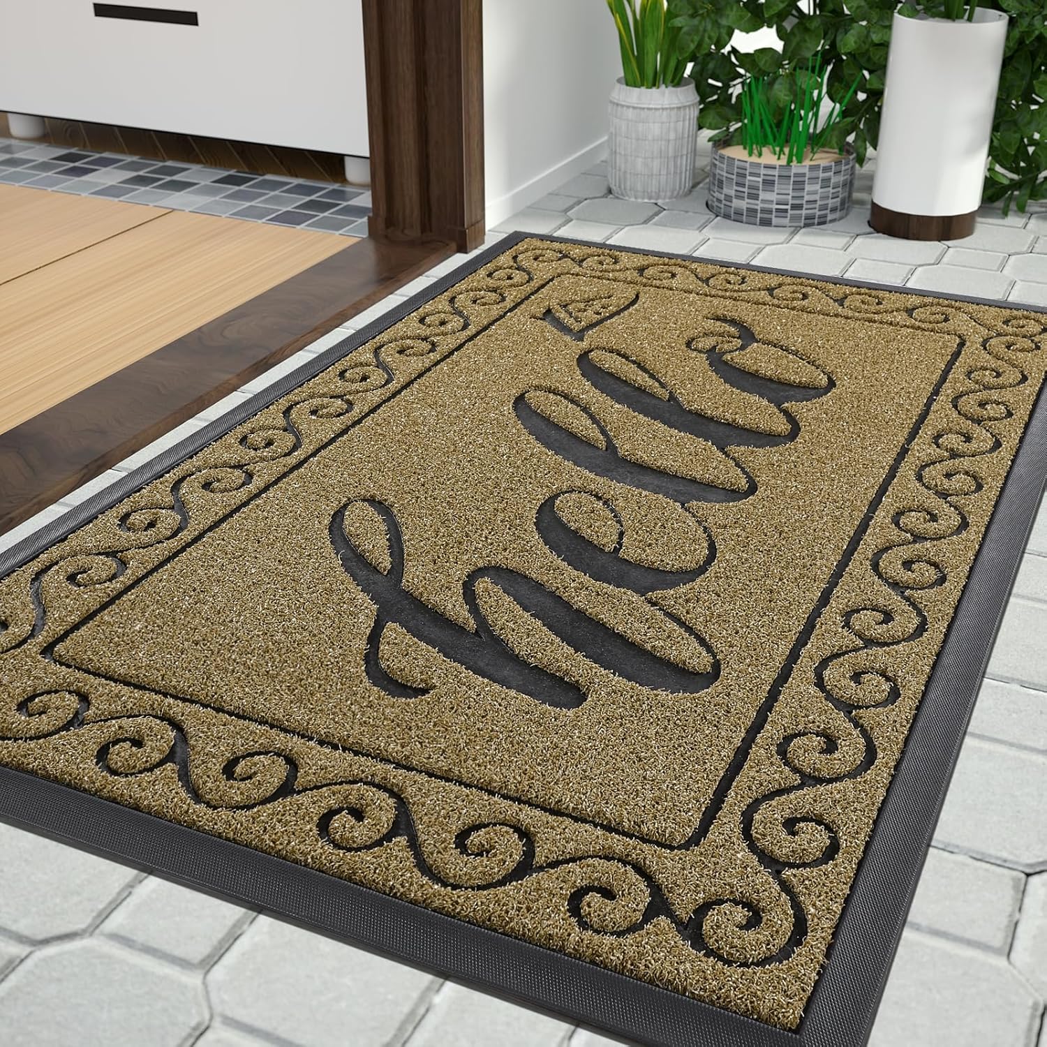Yimobra Hello Front Door Mat, Heavy Duty Easy Clean Doormat Indoor Outdoor, Wate...