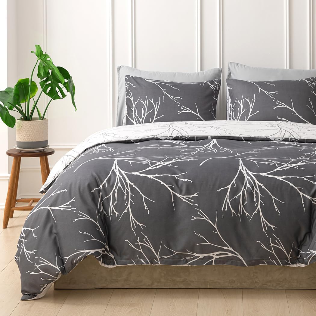 Tokokimo King Size Duvet Cover Set Bedding Sets Reversible, Grey Plants Quilt Co...