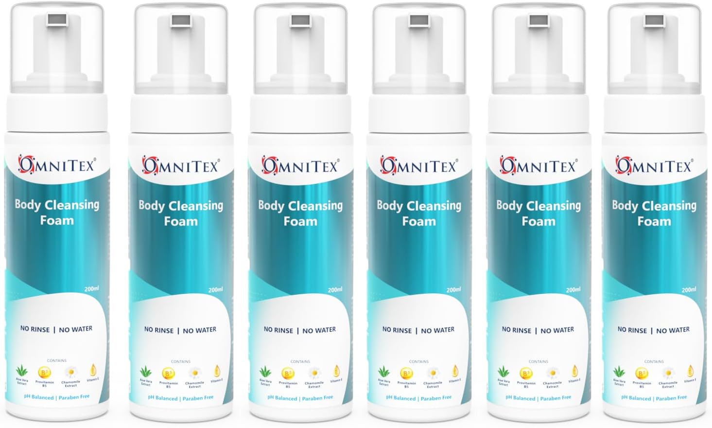 6x 200ml Omnitex Rinse Free Body Cleansing Foam, With Herbal Oils & Vitamins | N...