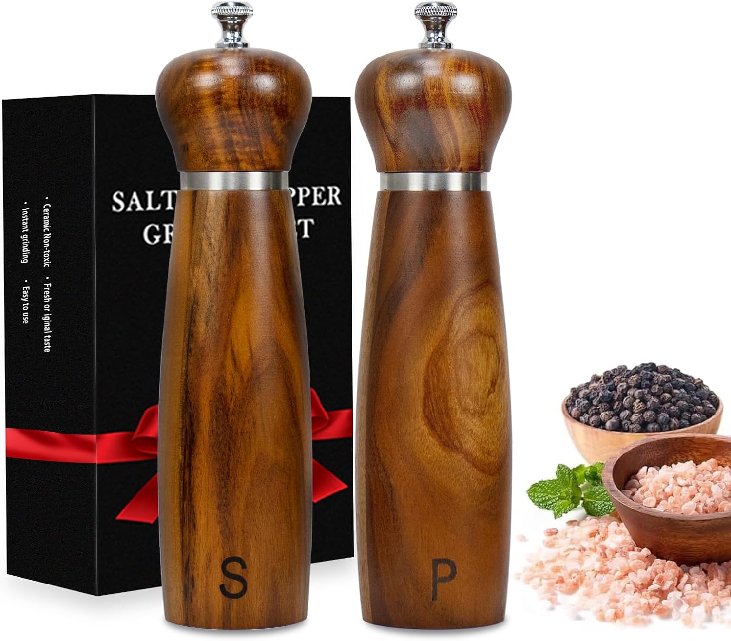 Haomacro Salt and Pepper Grinder Set, Special Wooden Pepper Mill Shaker for Mode...