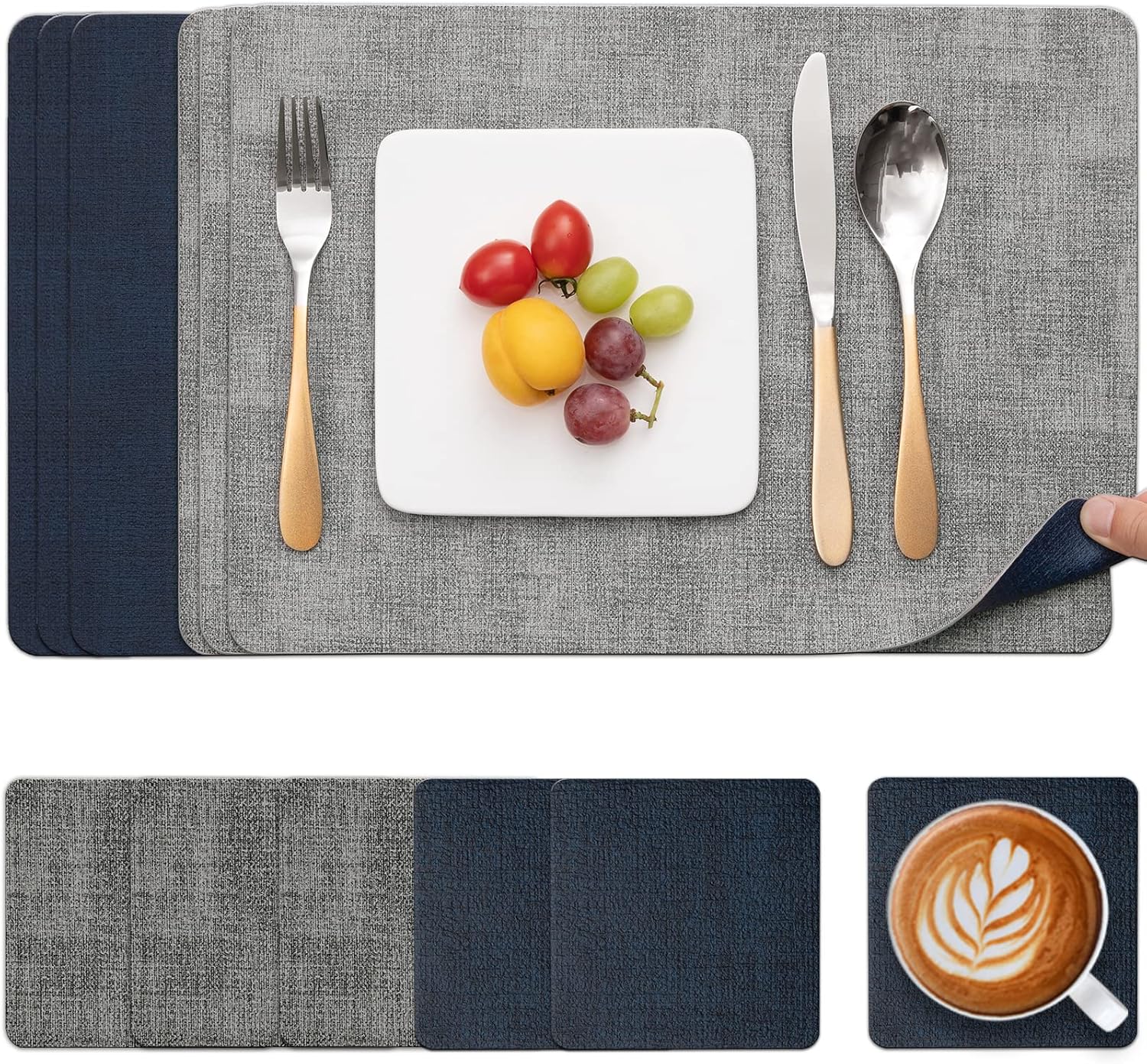 Myir JUN Placemats and Coasters Set of 6, Place Mats Dual Sided Faux Leather Tab...