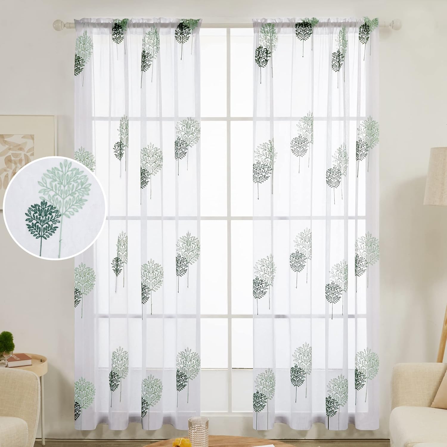 Deconovo Faux Linen Leaves Embroidery Sheer Curtains Rod Pocket Net Voile Curtai...