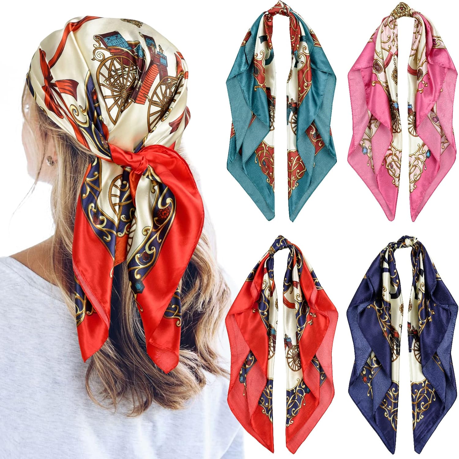 QBSM 4 Pcs 35'' Satin Head Scarf Silk Feeling Neck Scarves Hair Wrap for Sleepin...