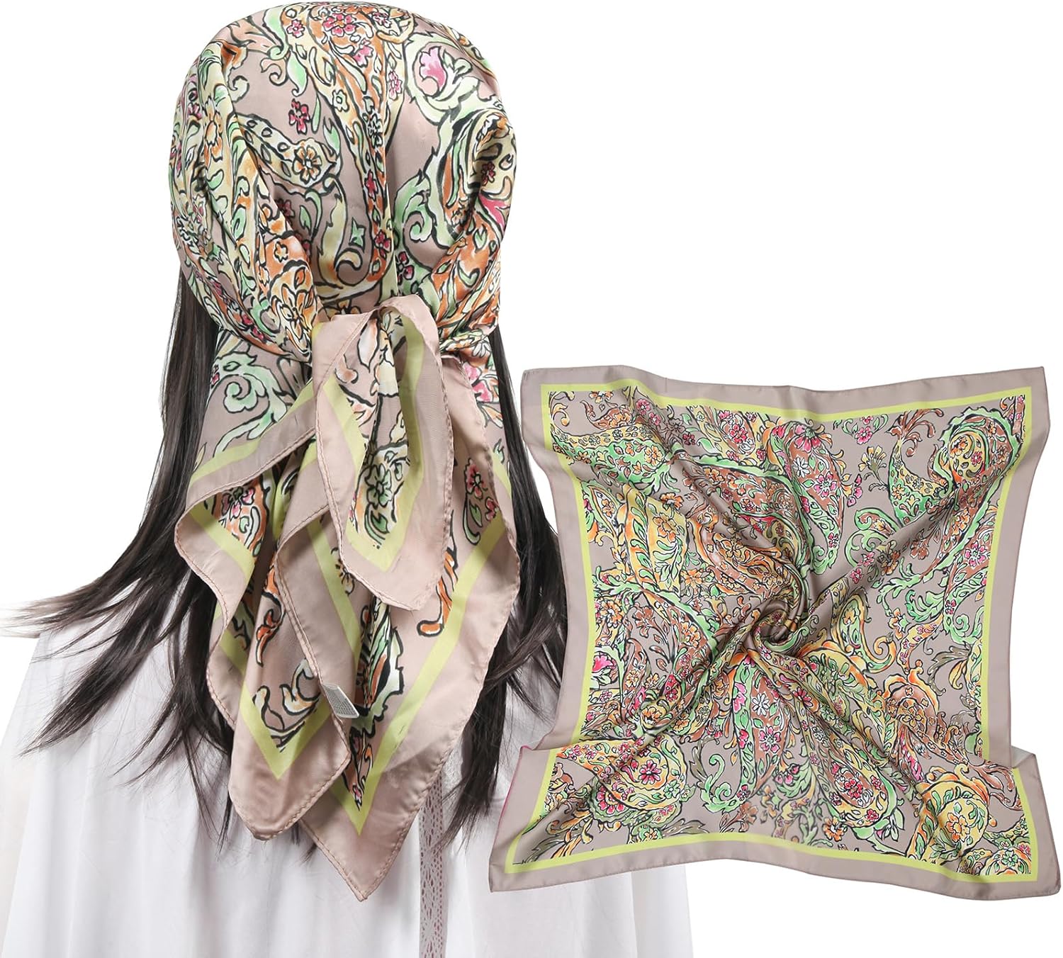 MEANBEAUTY 27.5" Square Silk Like Head Scarf, Premium Satin Bandana for Women, V...