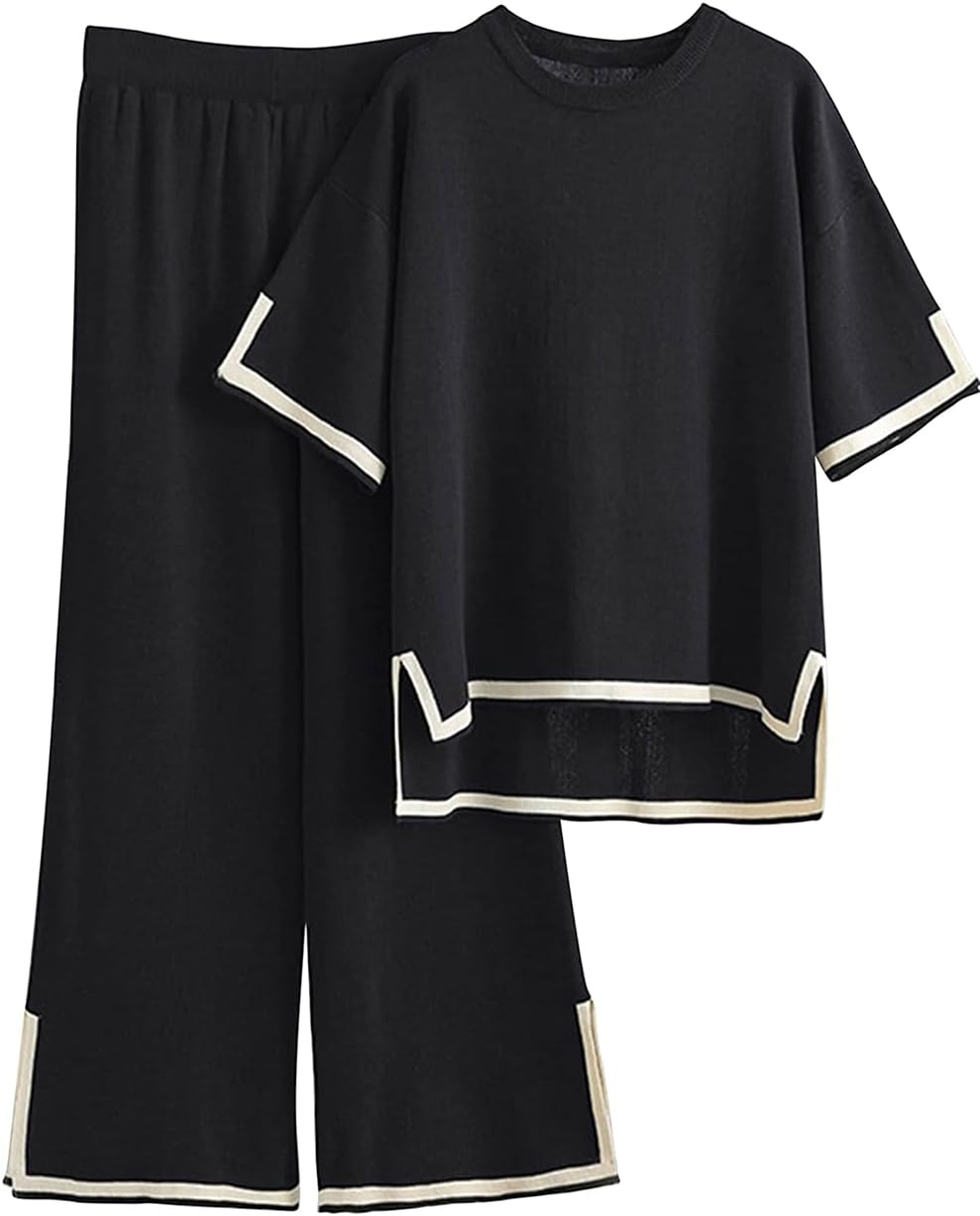 Famulily Women Tracksuits Crew Neck Color Blocked Knit Pullover Tops with High W...