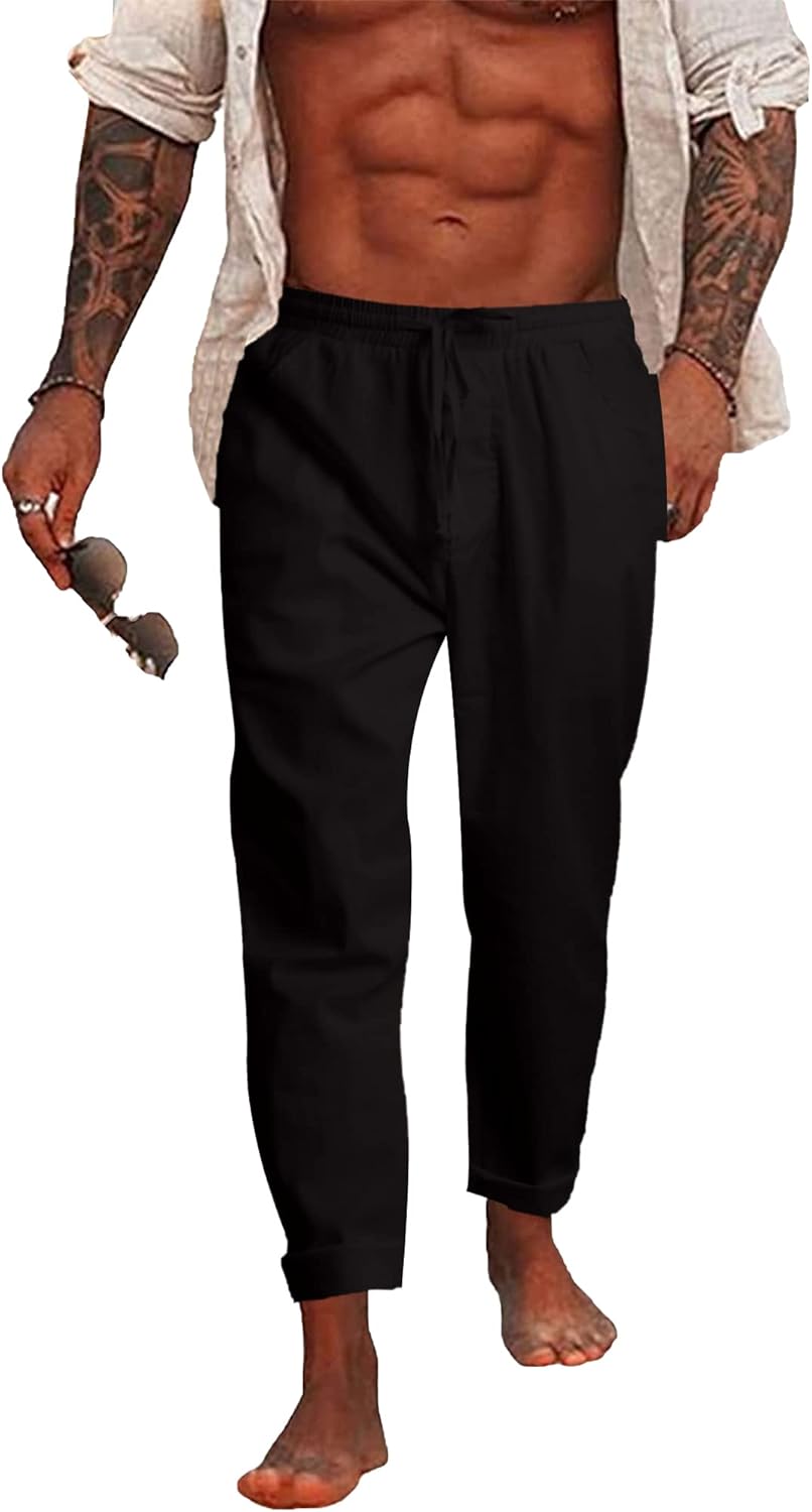 NANAMEEI Men's Cotton Linen Trousers Casual Linen Trousers with Pockets Elastic...