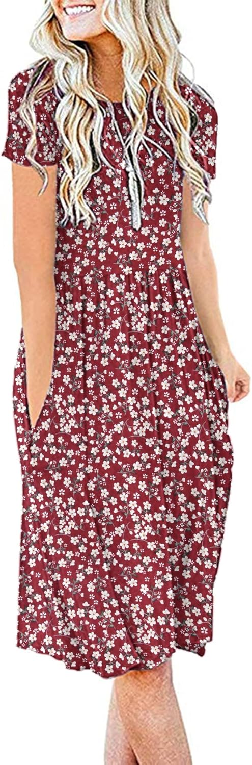 AUSELILY Women's Summer Short Sleeve Dress Knee Length with Pockets Casual Pleat...