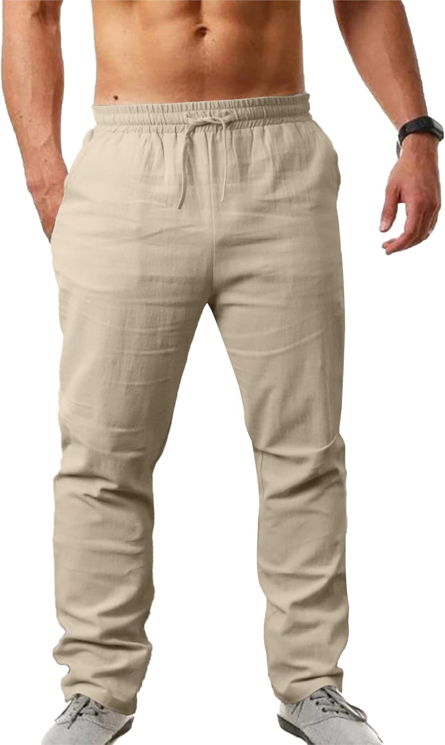 NANAMEEI Men's Cotton Linen Trousers Loose Fit Mens Drawstring Trousers Mens Yog...