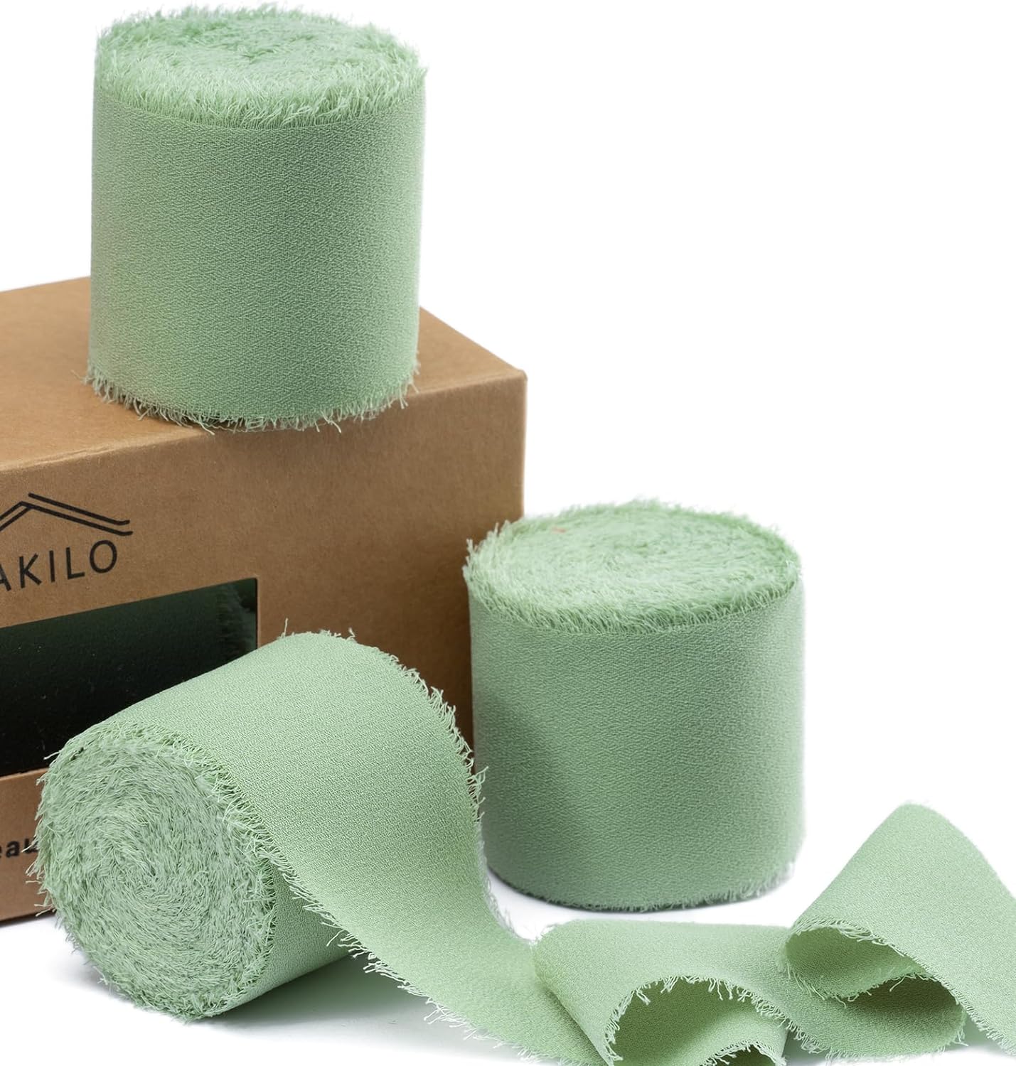 Sage Green Ribbon Chiffon Ribbon for Gift Wrapping, FAKILO Fringe Ribbon 3 Rolls...