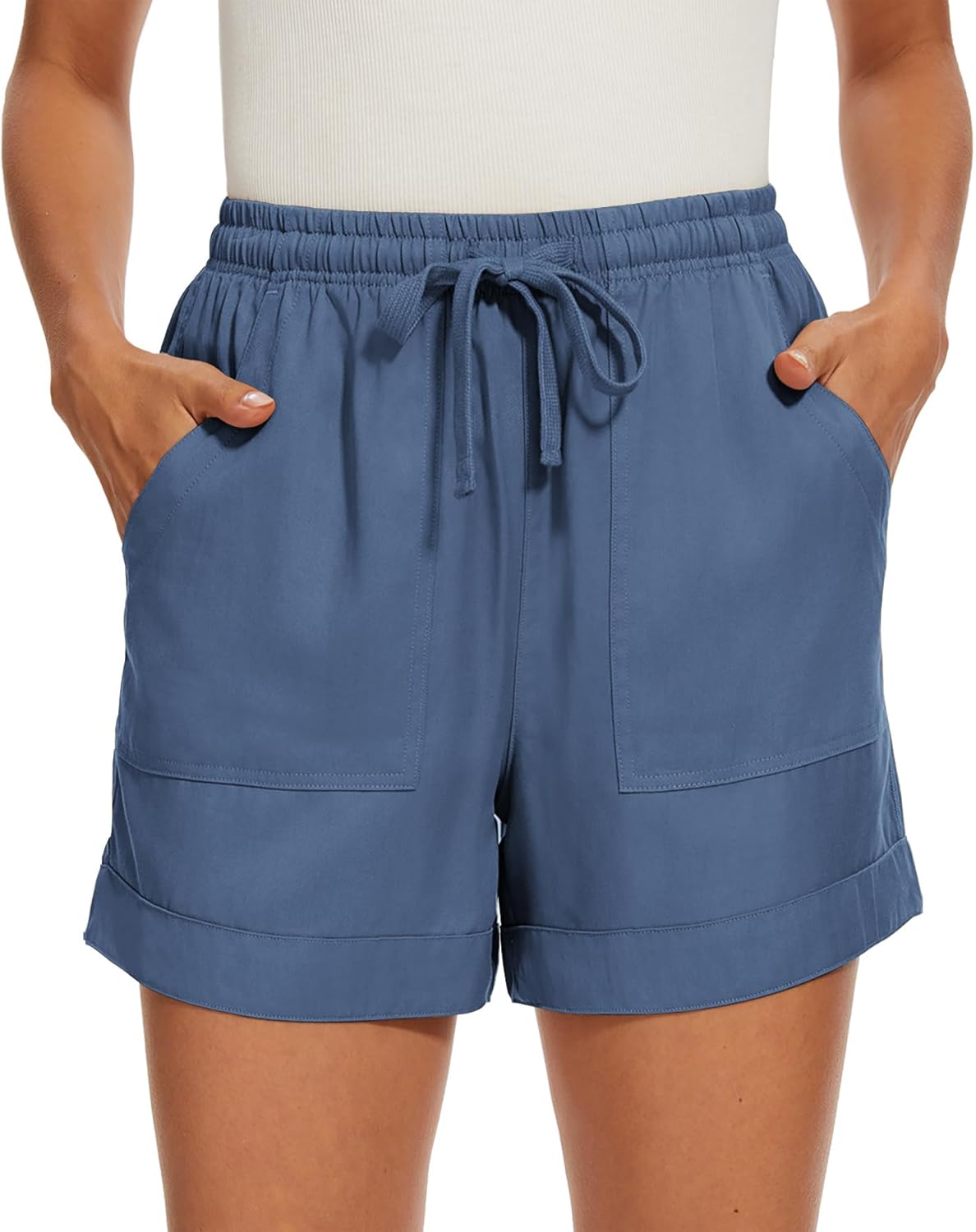 SMENG Womens Solid Colour Drawstring Shorts with Pockets Loose Casual Pants S 1-...