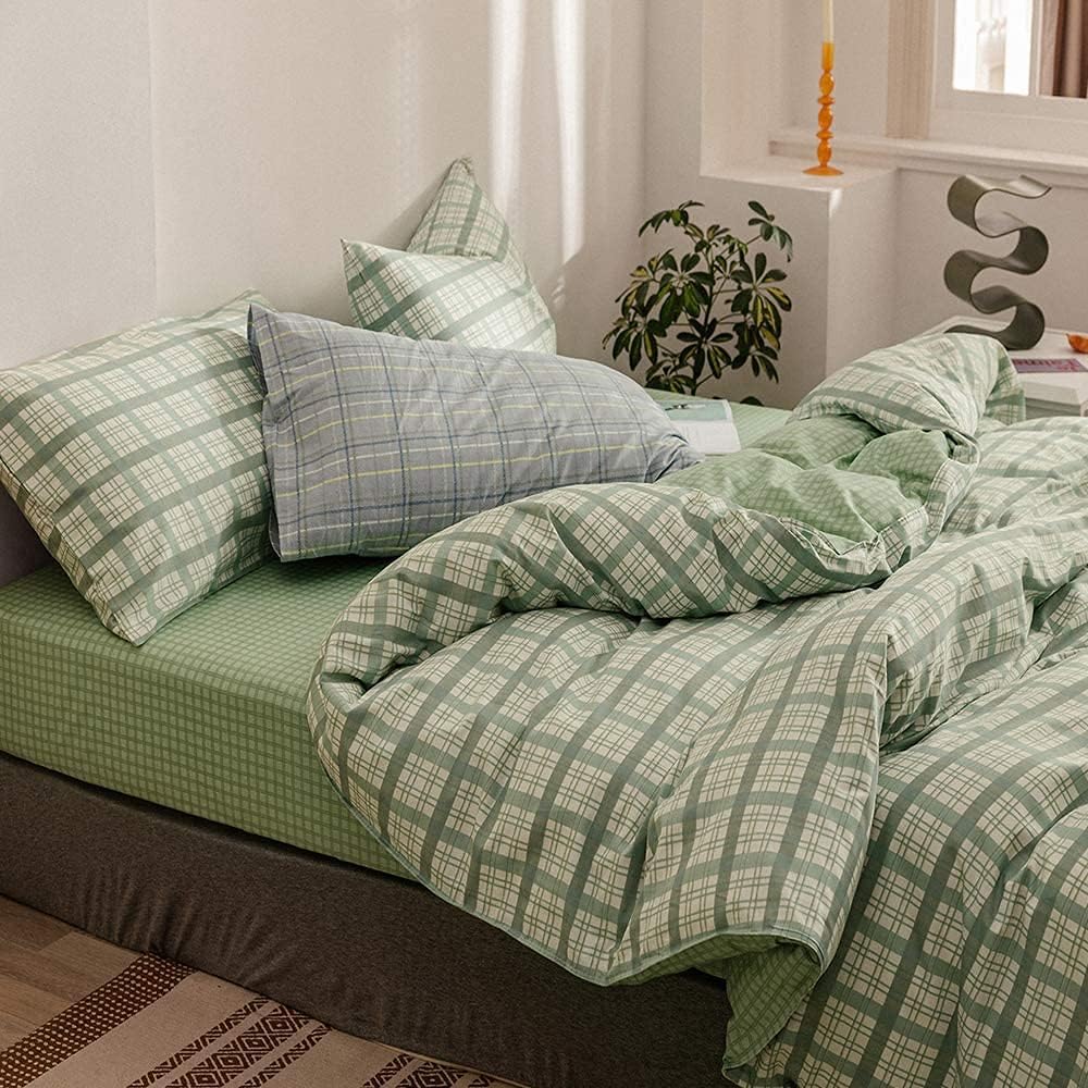 Michorinee Green Grid Duvet Cover Set Single Bed Reversible Microfiber Green Whi...