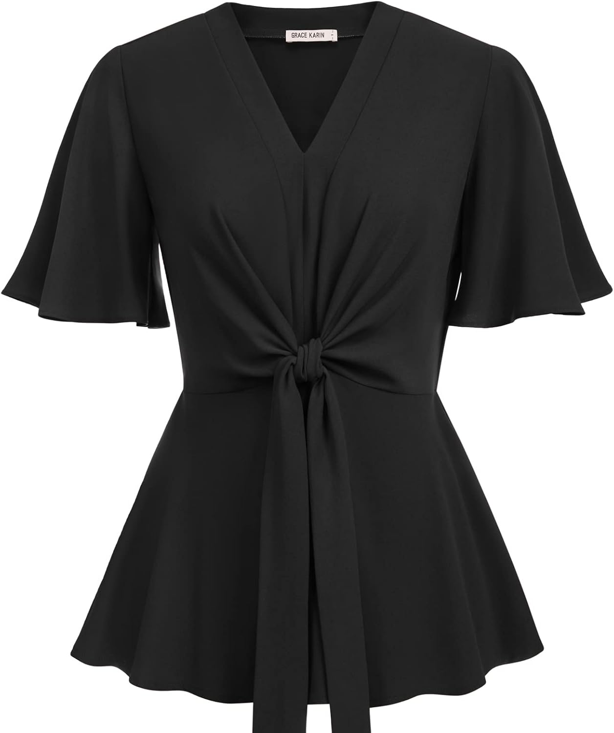 GRACE KARIN Ladies Summer Tops V Neck Bell Short Ruffle Sleeve Peplum Blouses Ti...