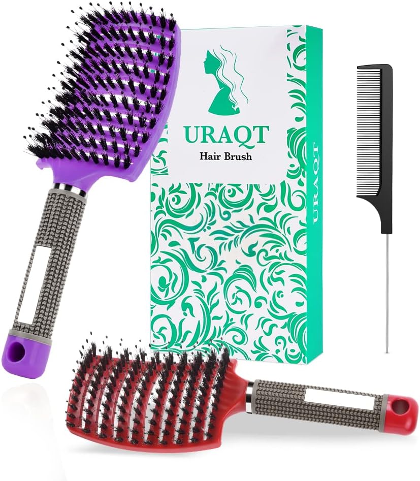 URAQT Hair Brush, 2 Pcs Boar Bristle Paddle Hairbrush with Tail Comb, Soft Massa...