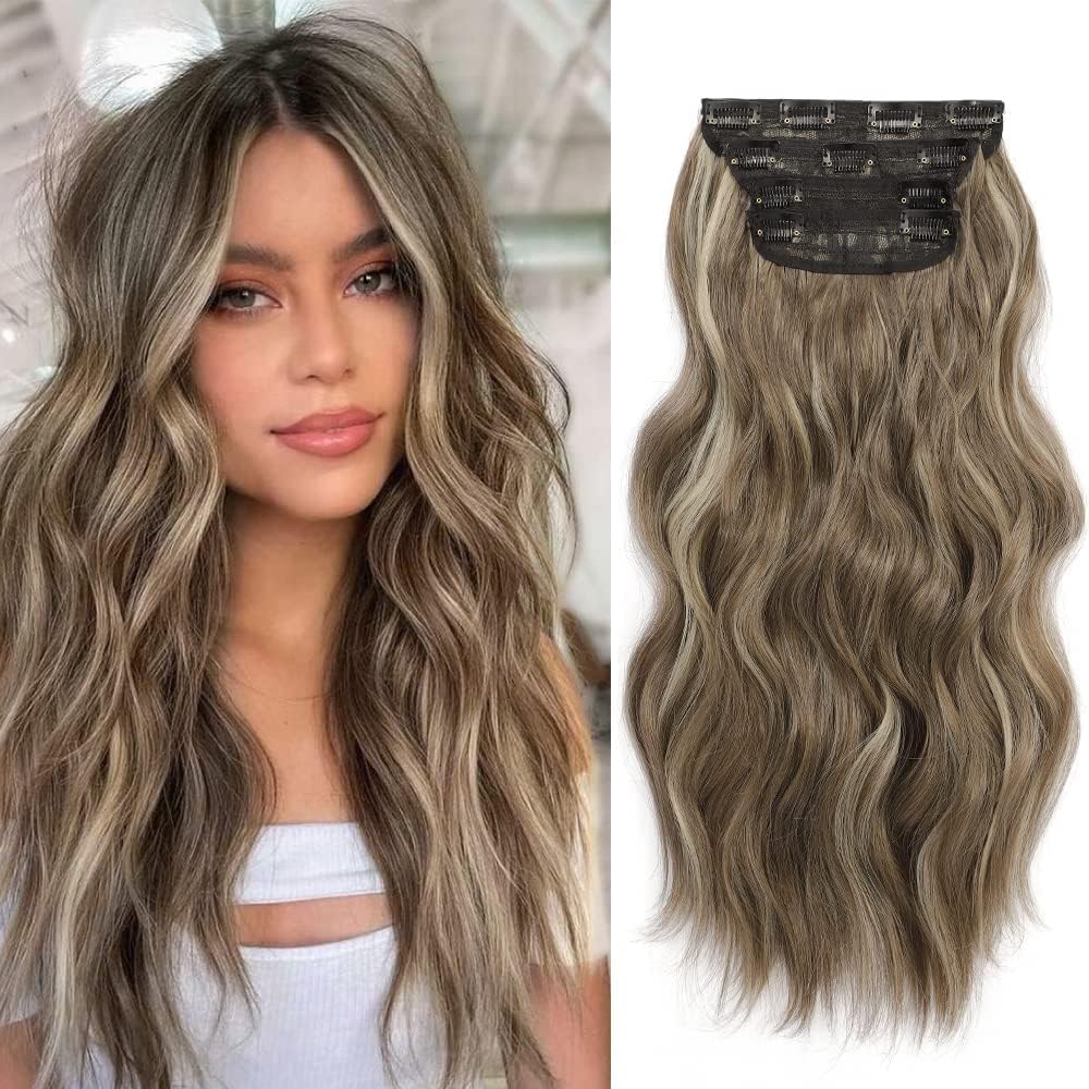 Clip in Hair Extensions 4PCS Thick Full Head Ash Brown with Highlights 20Inch Ha...
