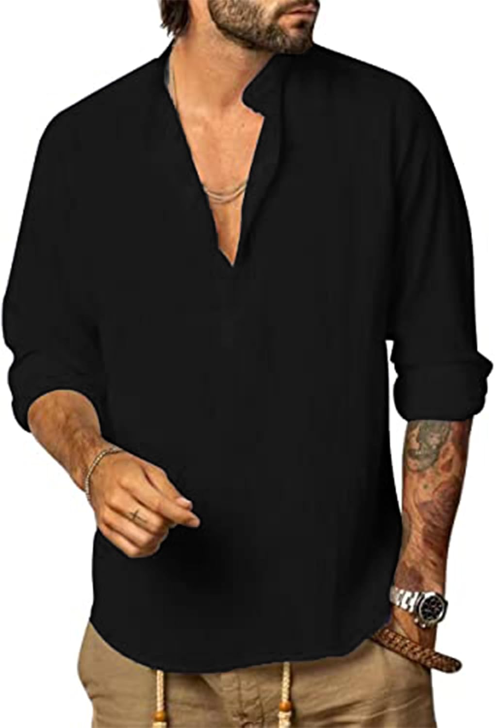 YAOHUOLE Men’s Cotton Linen Shirt Long Sleeve Casual Henley Collarless Grandad S...