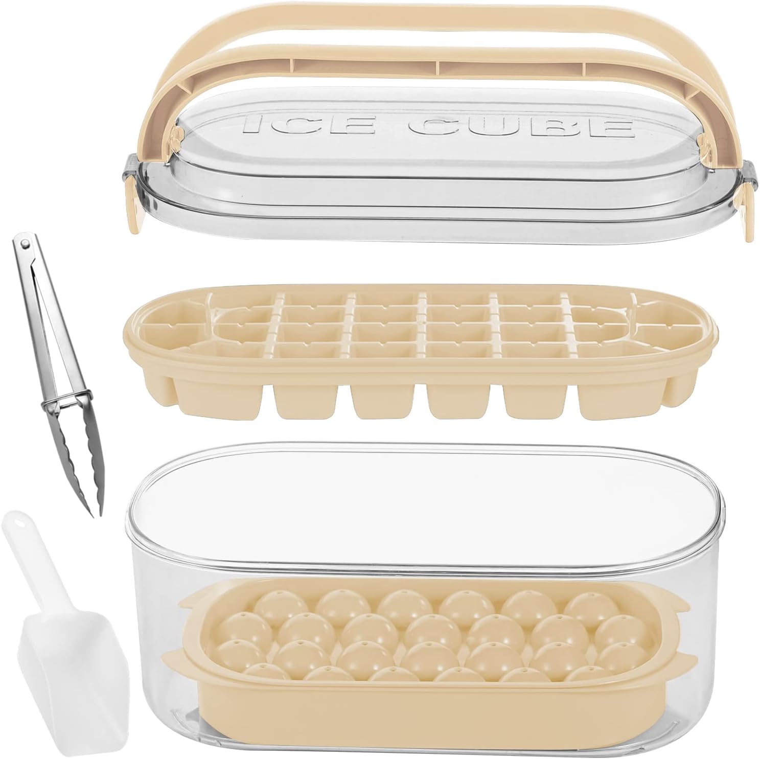 Ice Cube Tray with Lid and Storage, 2 Tiers Ice Cube Moulds Round and Square Ice...