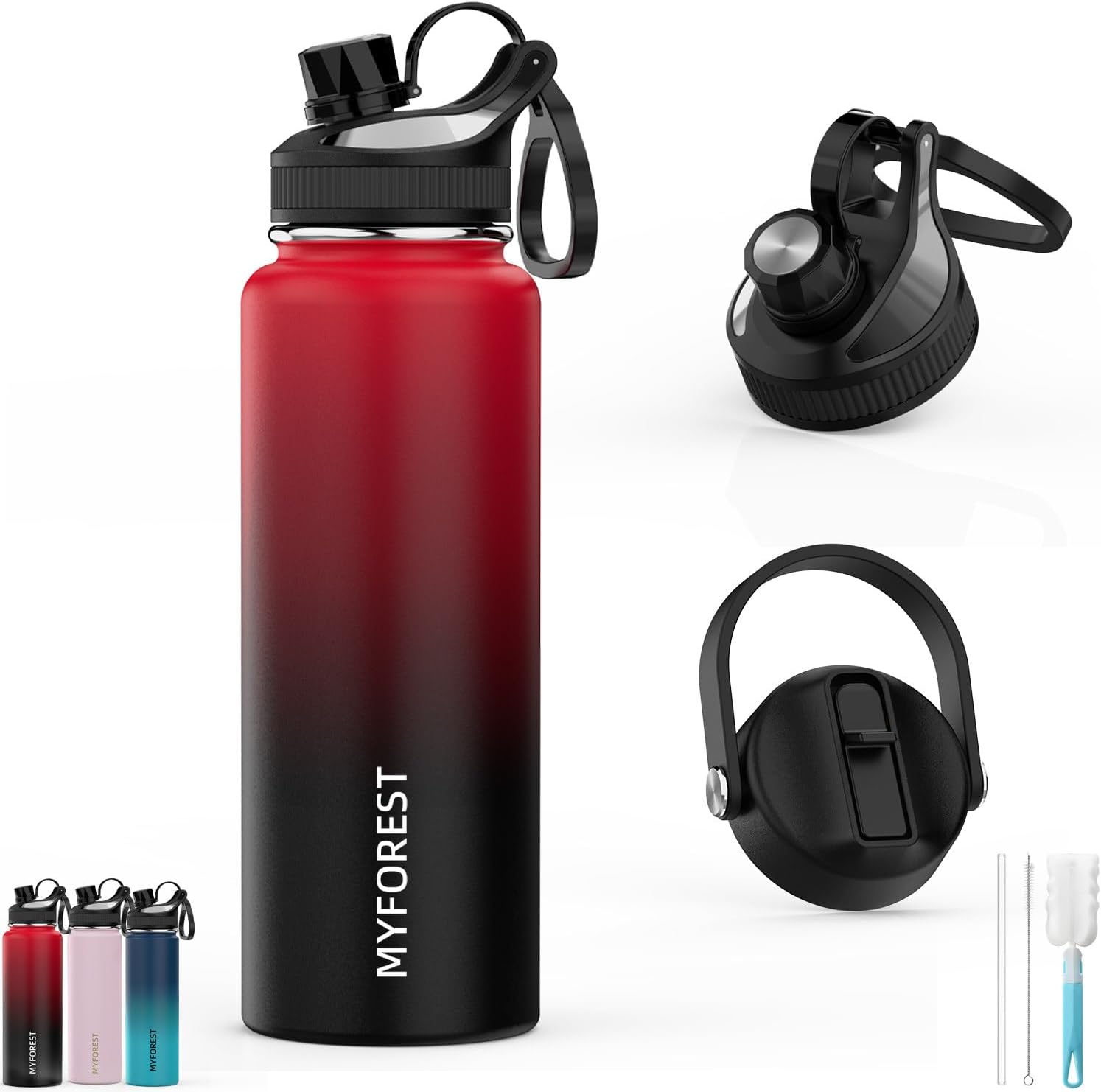 MYFOREST 1000ml/32oz Insulated Water Bottle, 2 Lids for Small Sip/Large Gulp, 10...