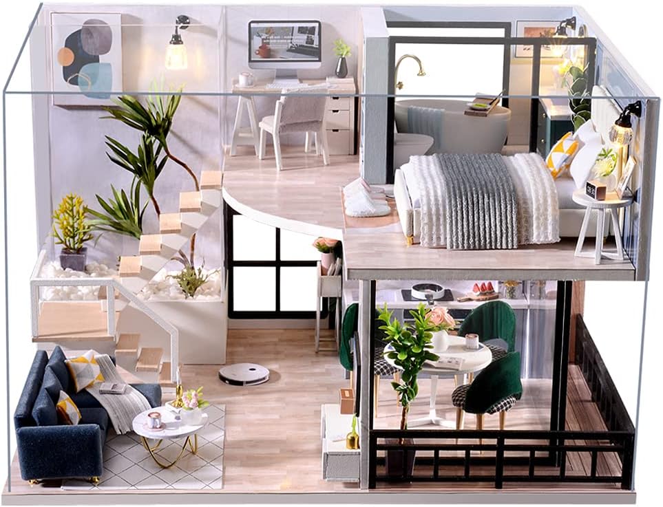 CUTEBEE Dollhouse Miniature with Furniture, DIY Wooden DollHouse Kit Plus Dust P...