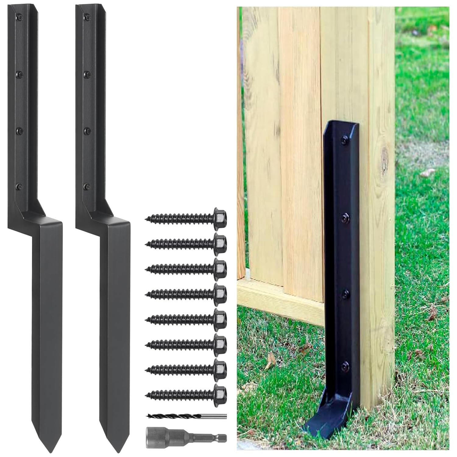 Heavy Duty Steel Fence Post Repair Stakes - 2 Pack Ground Spike for Tilted/Broke...