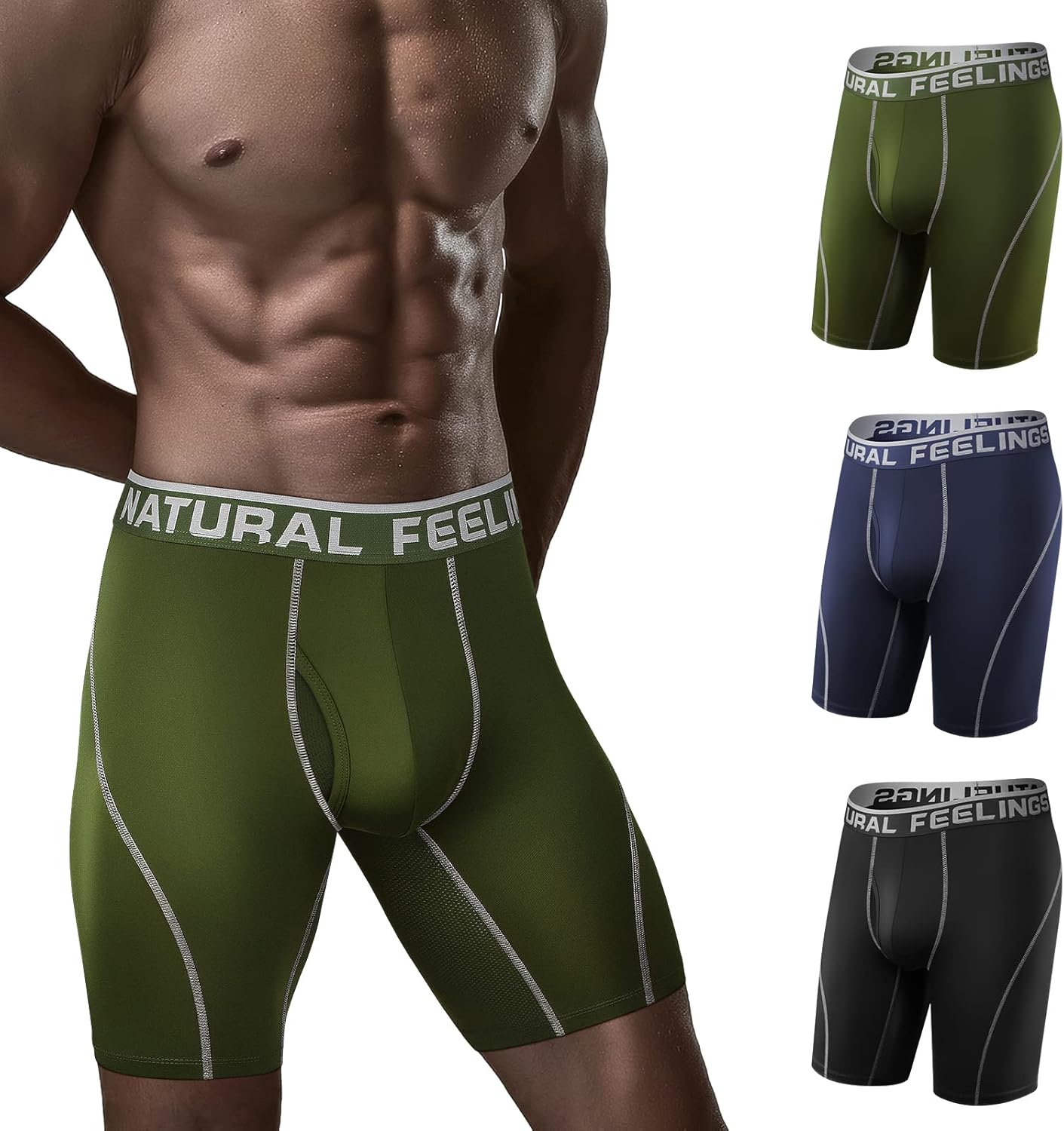 Natural Feelings Mens Underwear Performance Sports Dry Fit 9inch Boxer Shorts Me...