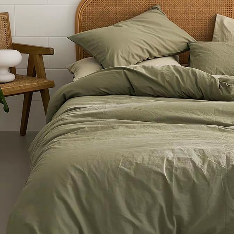 Michorinee Green Duvet Cover Set Double Bed Plain Olive Green Bedding Set Washed...