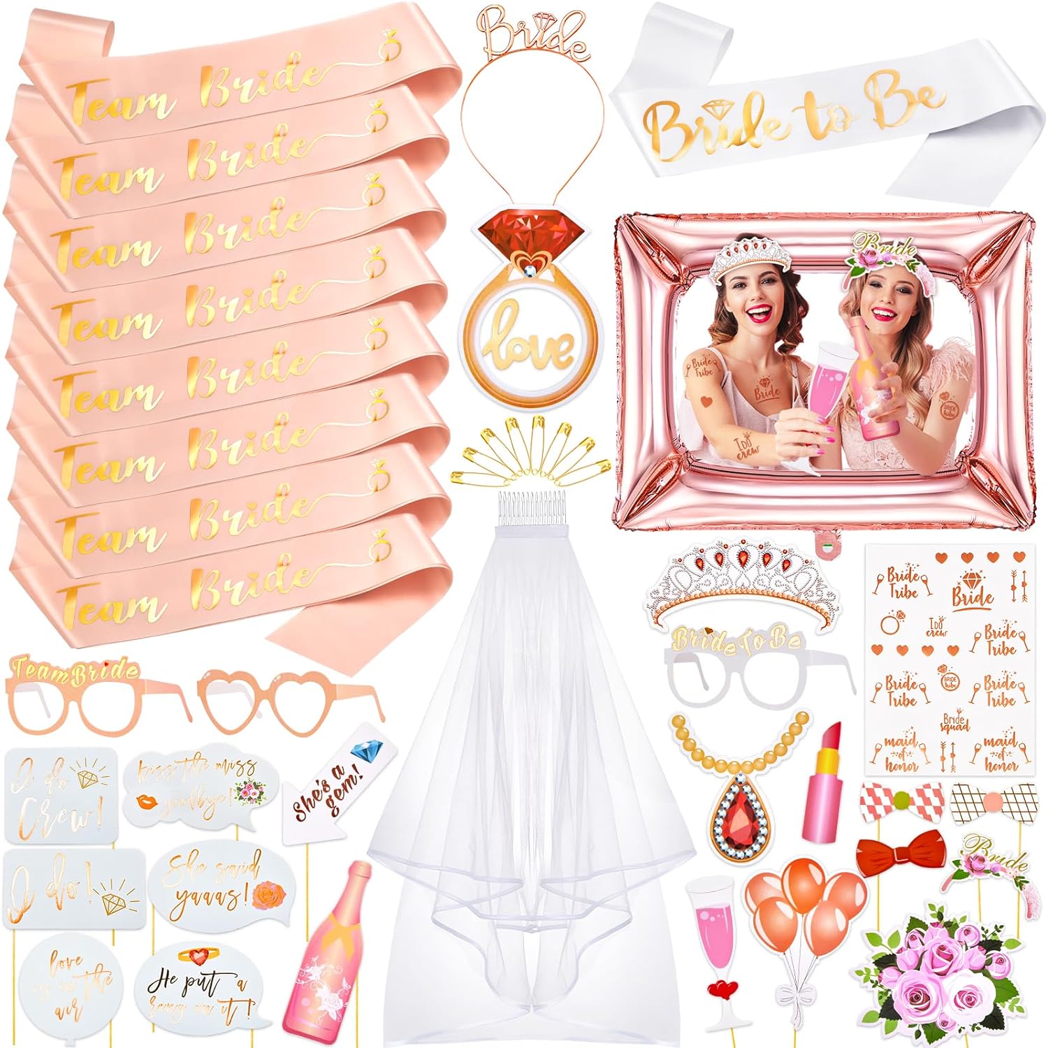 CGBOOM 36Pcs Hen Do Accessories, 1 Bride to be Sash 8 Team Bride Sashes Cascadin...