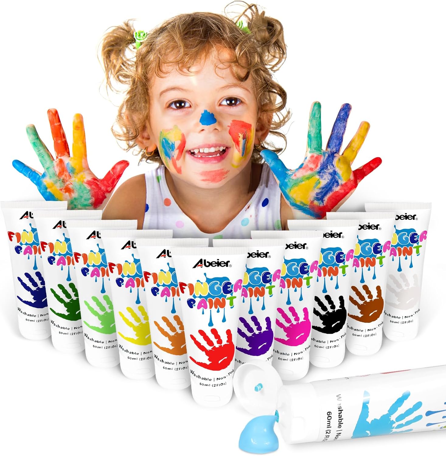ABEIER Washable Finger Paint for Toddlers, Safe Non-Toxic, 12 x 2oz Vibrant Colo...
