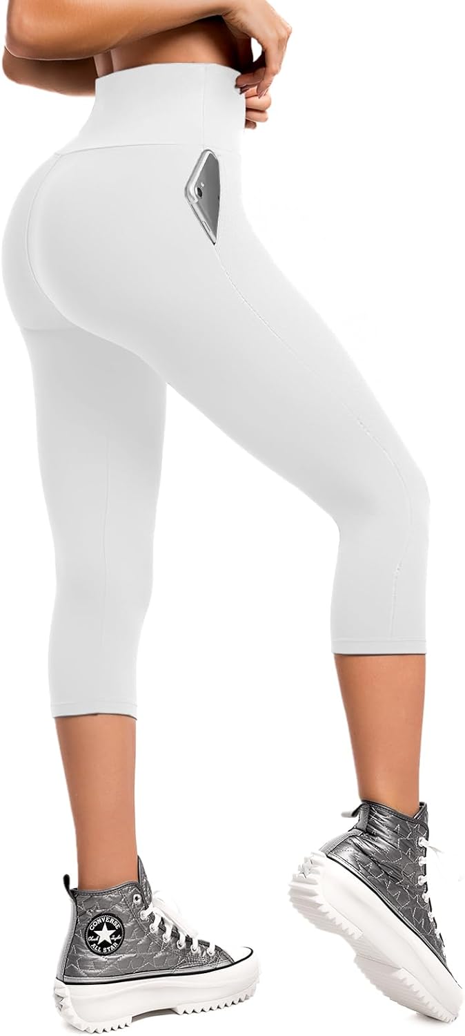 Walifrey High Waisted Capri Leggings for Women UK with Pockets ，3/4 Length Opaq...