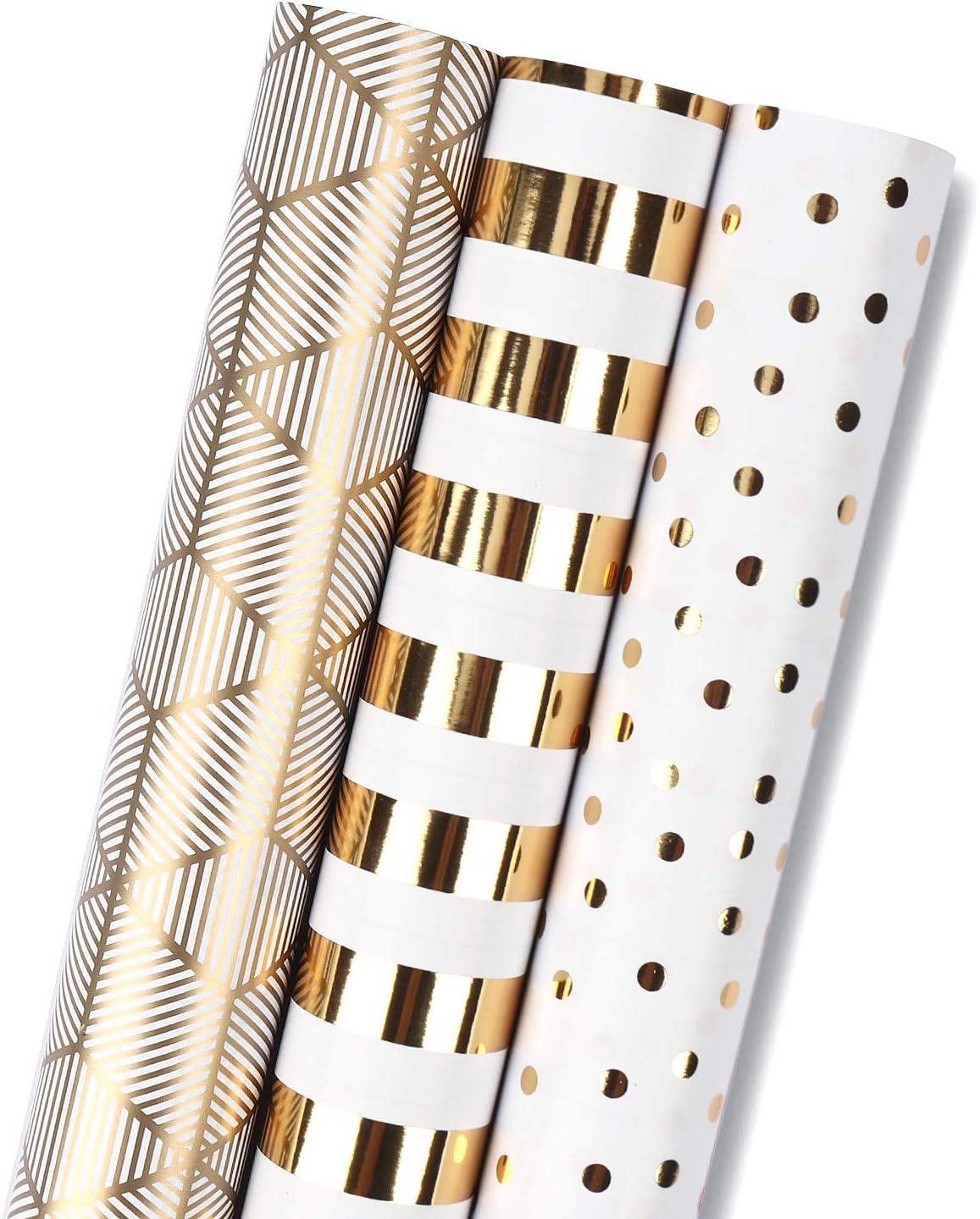 RUSPEPA Wrapping Paper Roll - Mini Roll - 3 Different Gold and White Set (42.5 s...