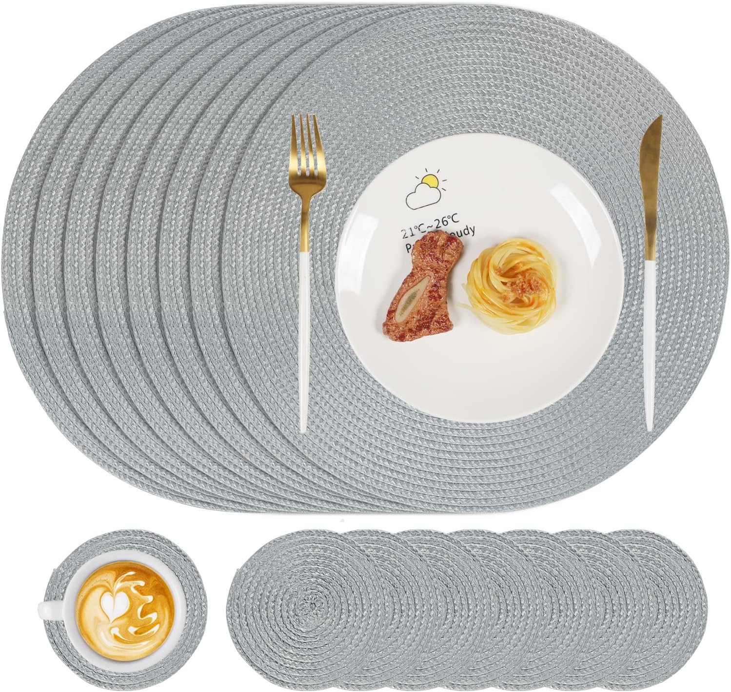 famibay Placemats and Coasters Set of 8 Round Woven Placemats Washable Heat Resi...