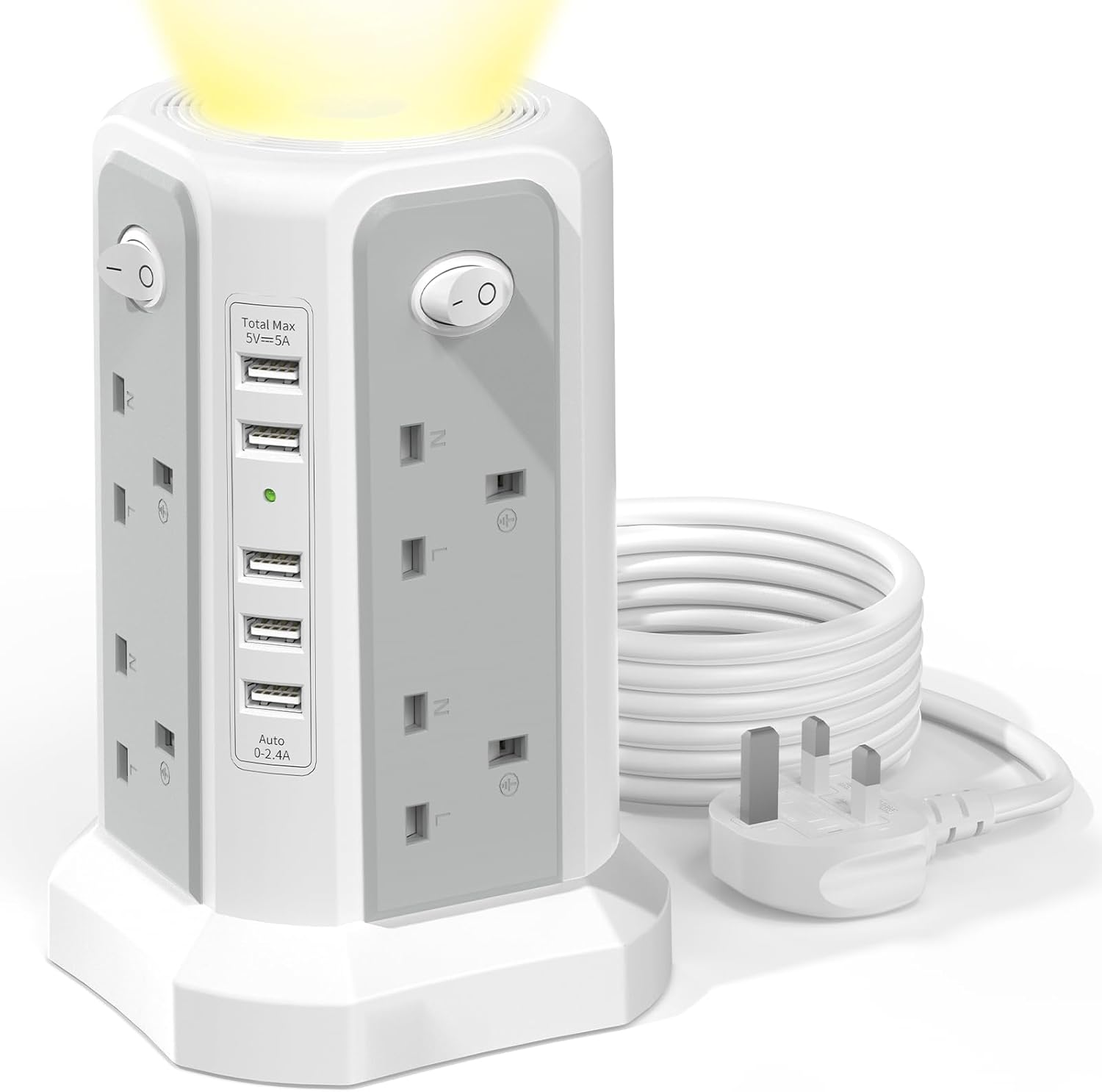 Tower Extension Lead 3M and Night Light, 5 USB Ports & 8 Way Plug Extension Towe...