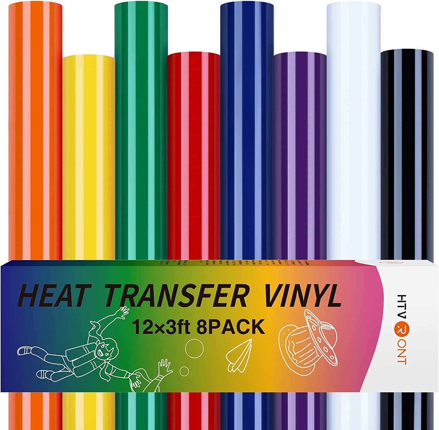 HTVRONT Heat Transfer Vinyl Roll- 8 Roll 12" x 3FT HTV Vinyl, Iron on Vinyl for...