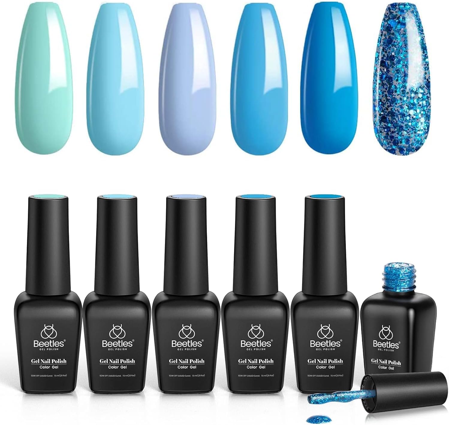 Beetles Gel Nail Polish Set- Summer Splish Splash Collection 6 Pcs Glitter Bule...
