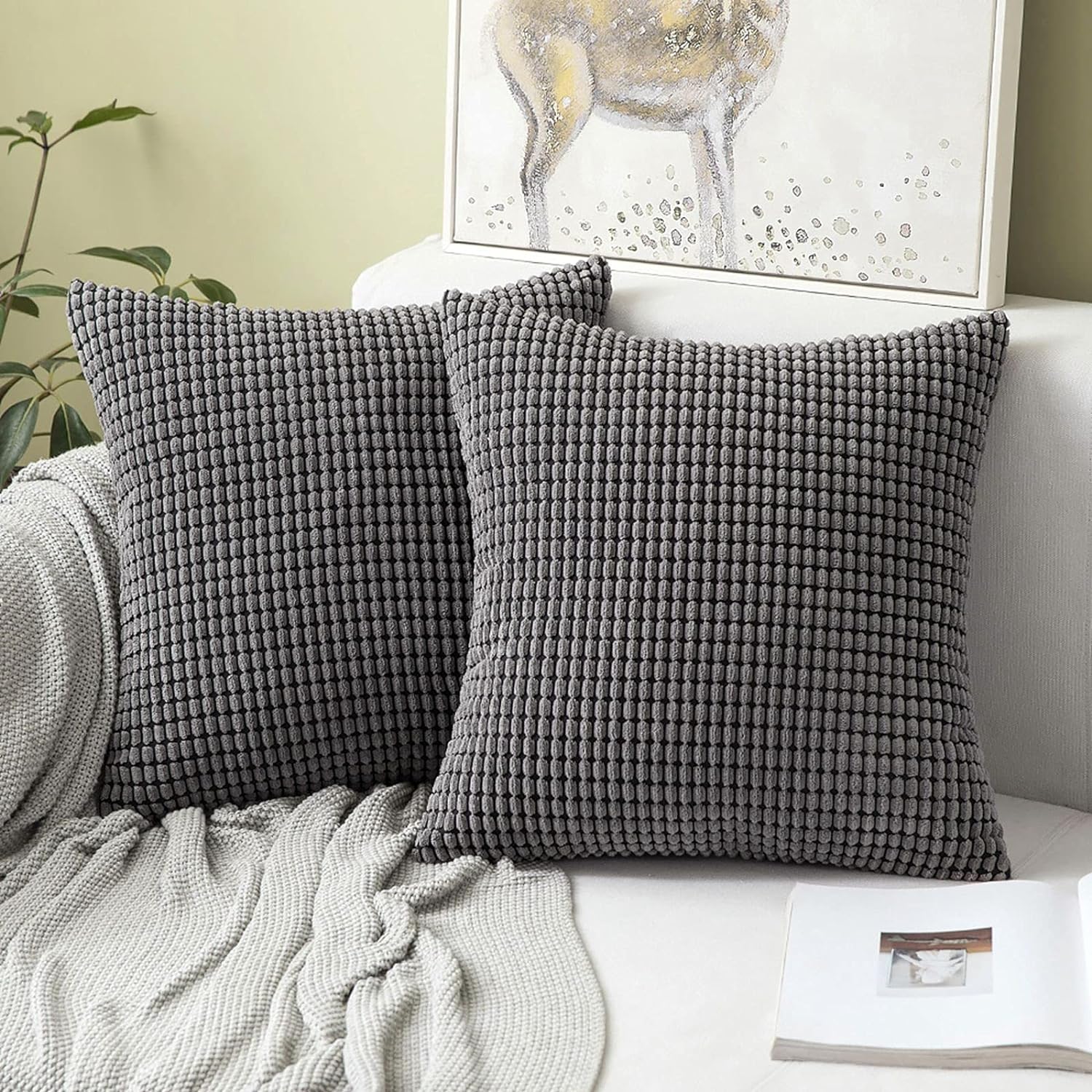 MIULEE Set of 2 Decorative Corduroy Grey Cushion Covers 16x16 Inches, 40cm x 40c...