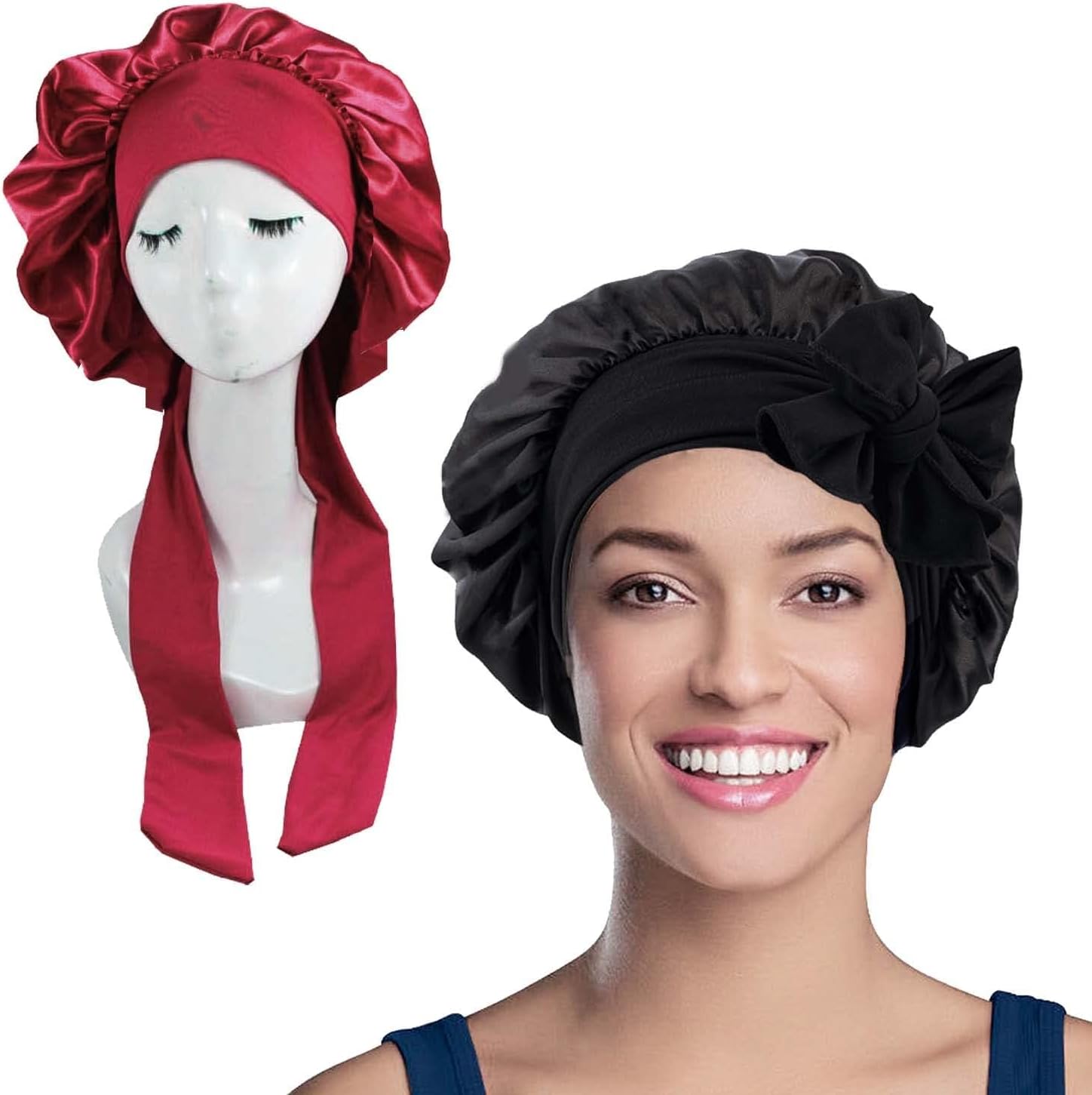 WUBAYI 2PCS Satin Bonnet, Silk Bonnet Hair Wrap for Sleeping, Hair Bonnet for Ba...