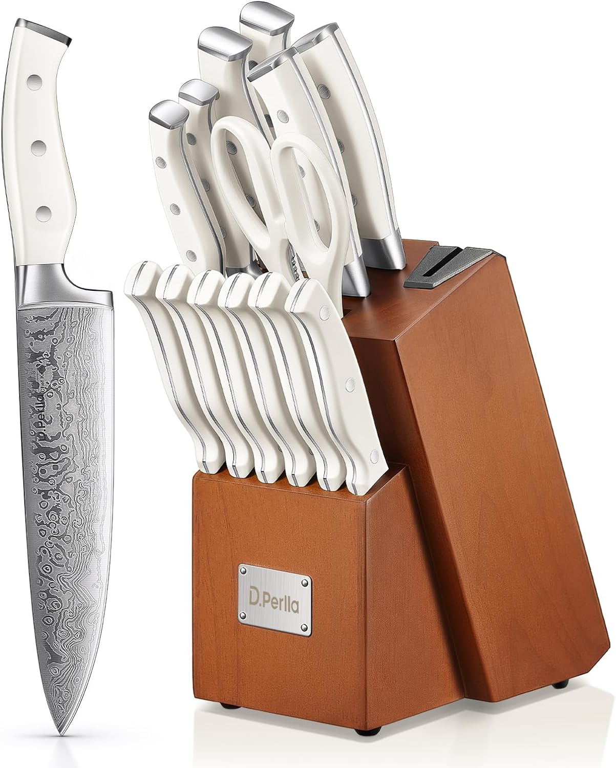 D.Perlla Knife Set with Block, 14 Pieces Knife Set with Sharpener, Stainless Ste...