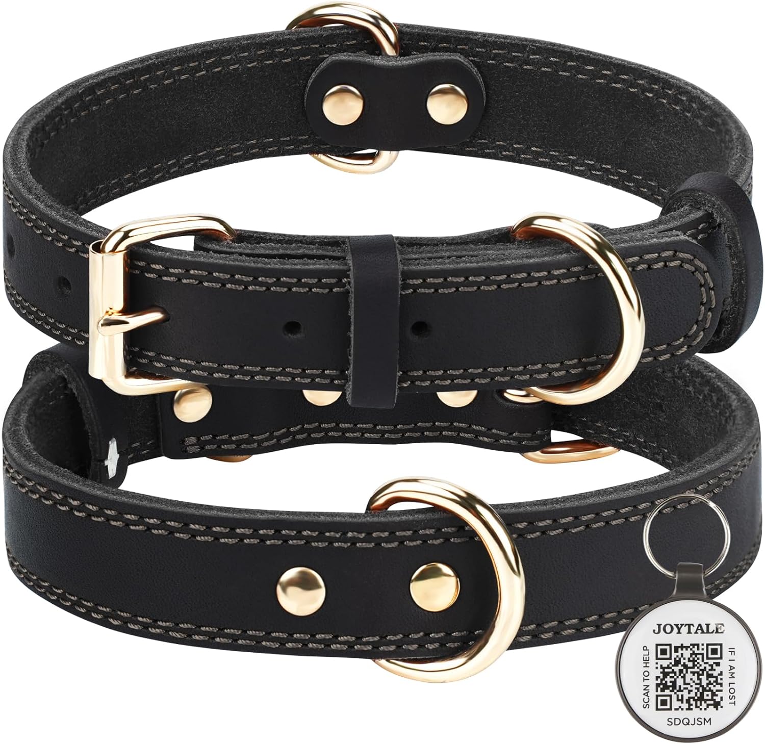 Joytale Genuine Leather Dog Collar with QR ID Tag | Heavy Duty Dog Collar with M...