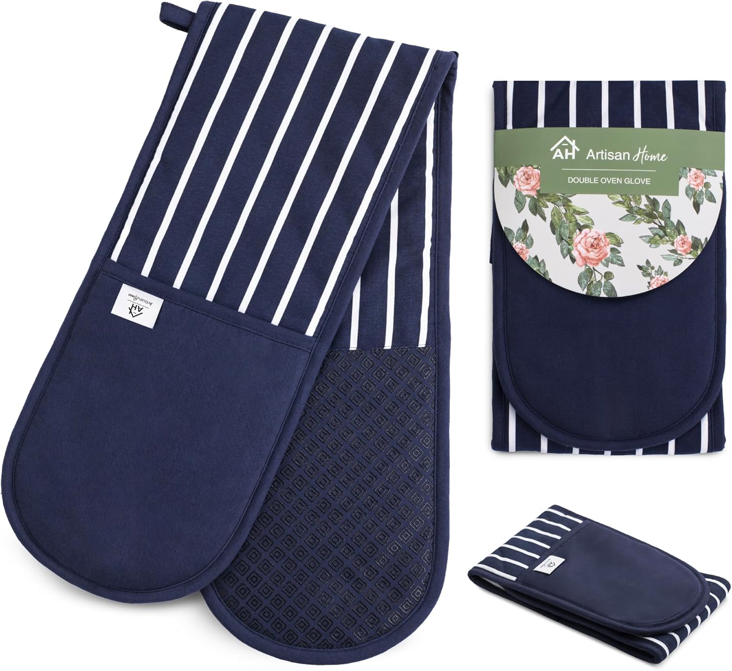 Blue Double Oven Gloves | Butcher Stripe Maximum Heat Resistant Protection | Dou...