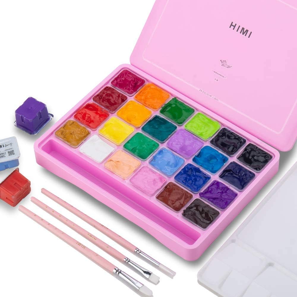 HIMI Gouache Paint Set, 24 Colours x 30ml with 3 B...