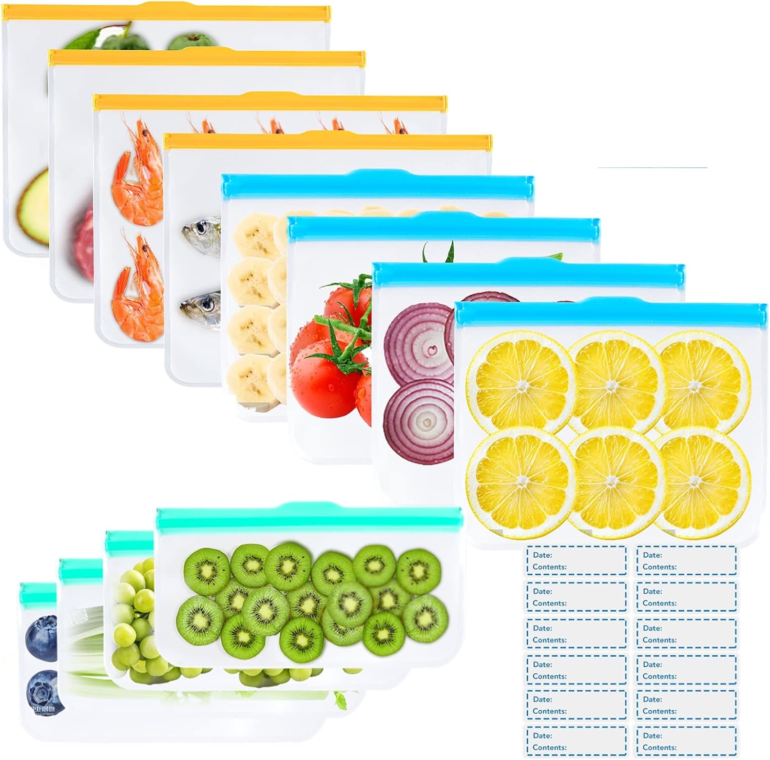 Exllena Reusable Silicone Freezer Bags + Freezer Labels, Reusable Food Bags BPA...