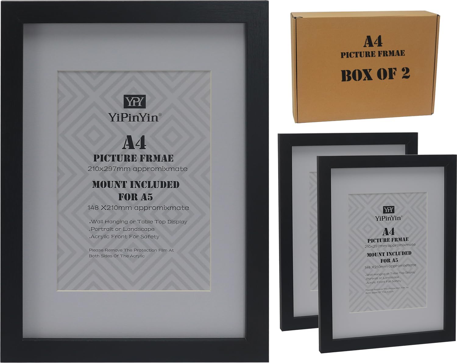 Black A4(21x29.7cm) Picture Frame with Mount for A5 set of 2, Black A4 Document...