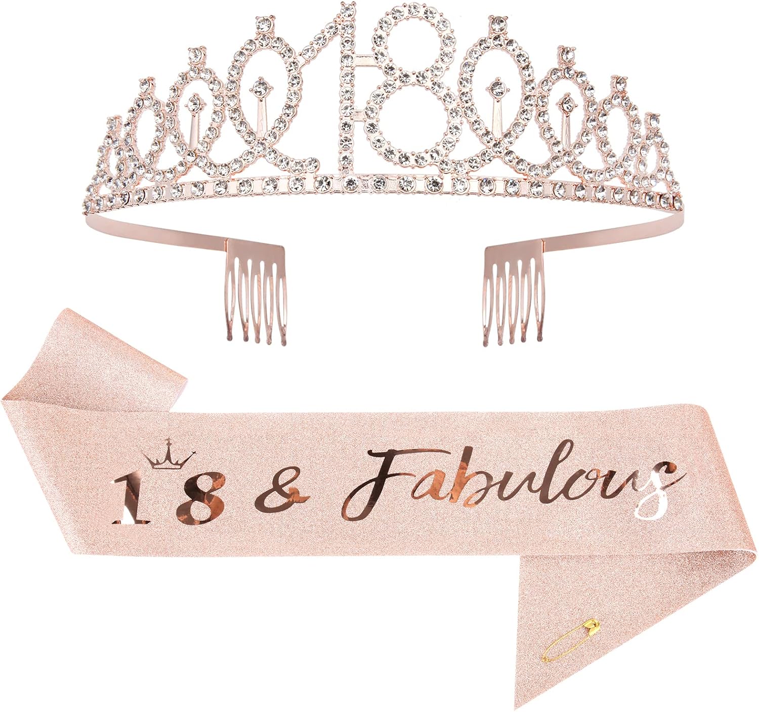 Mikccer Rose Gold 18th Birthday Sash and 18 Birthday Tiara, Rhinestone Crown Hea...