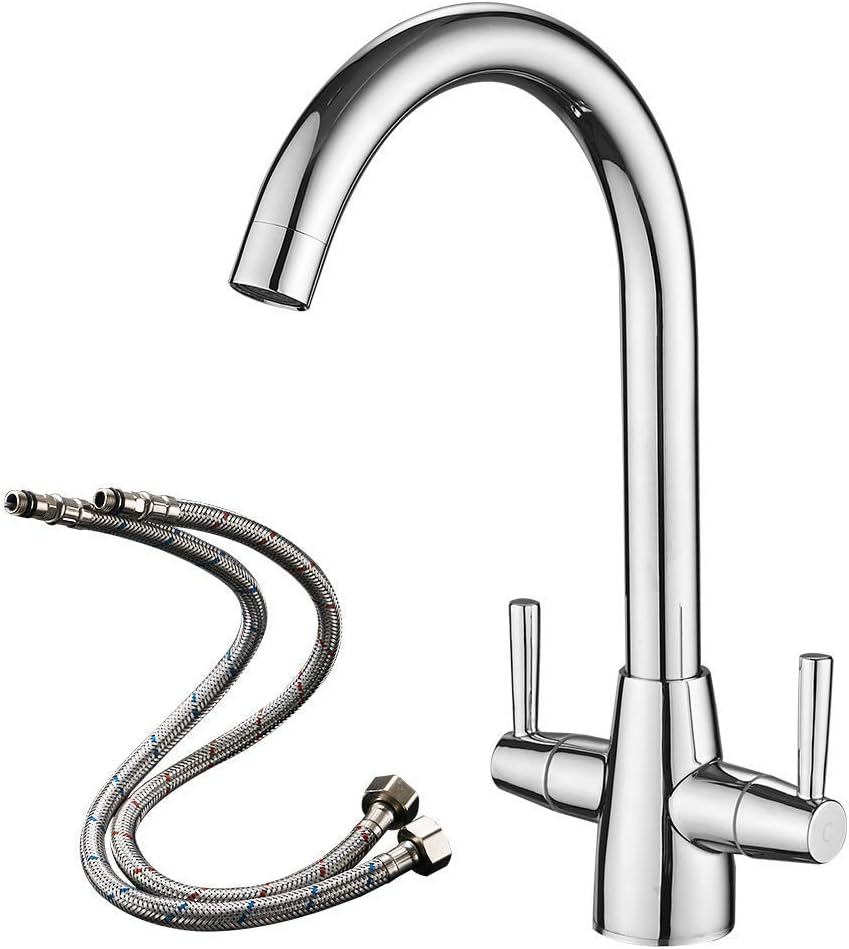 Heable Kitchen Mixer Tap Dual Lever Swivel Spout Chrome Sink Taps with UK Standa...