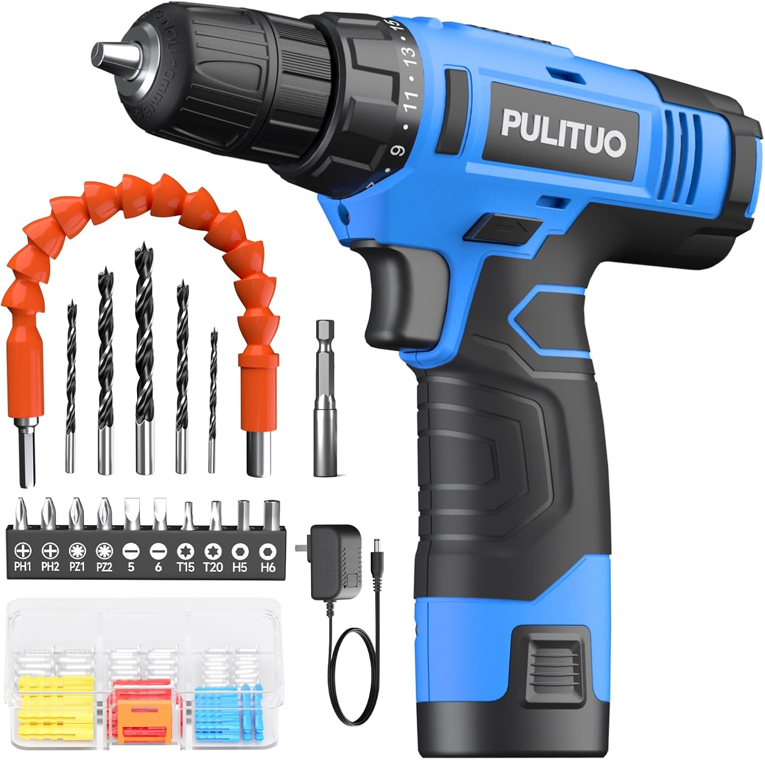 PULITUO 12V Cordless Drill ，Powerful Drill bit Sets with Li-Ion Battery, 21+1 T...