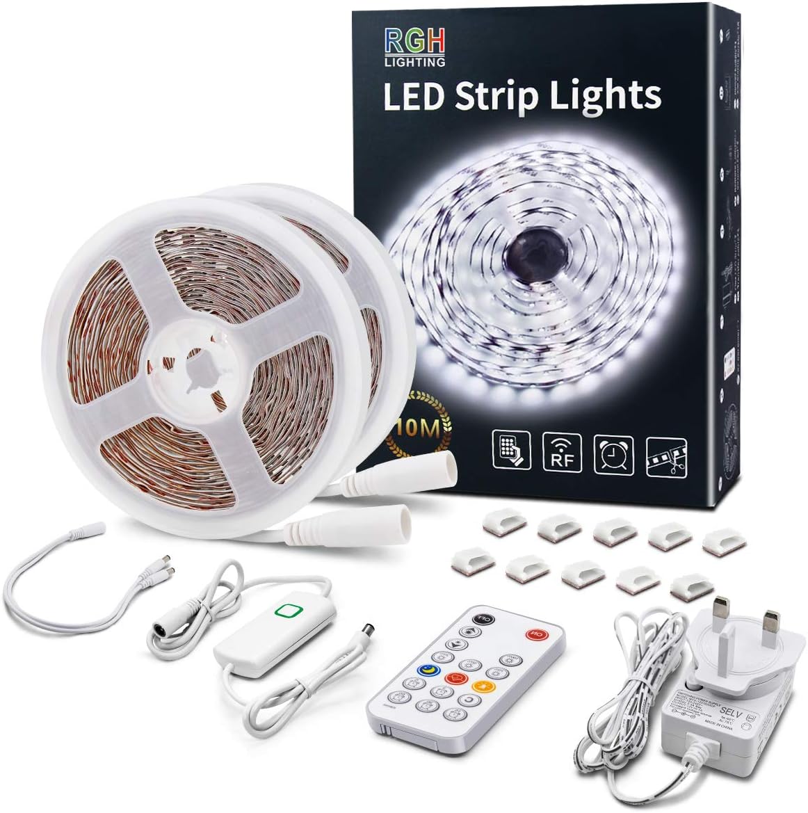 LED Strip Lights White, 10m Dimmable LED Light Strip with RF Remote, 600 Bright...