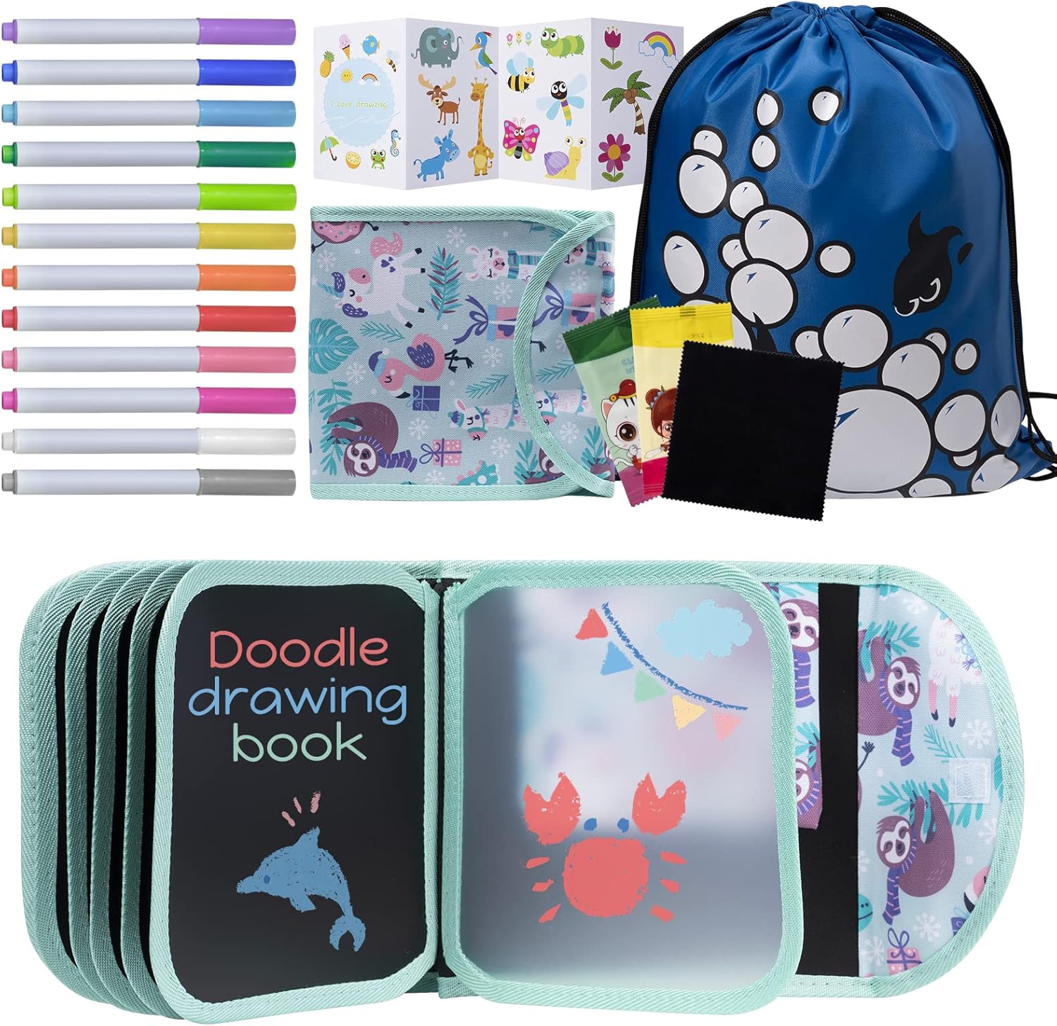 Erasable Drawing Pad, 8inch Plane Activities for Kids, Mint Color Animal Party T...