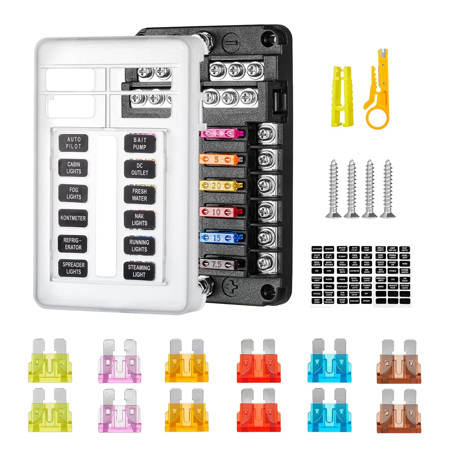 Rovtop 12 Way Blade Fuse Box, 12V/24V/32V Fuse Box with Negative Bus,with LED In...