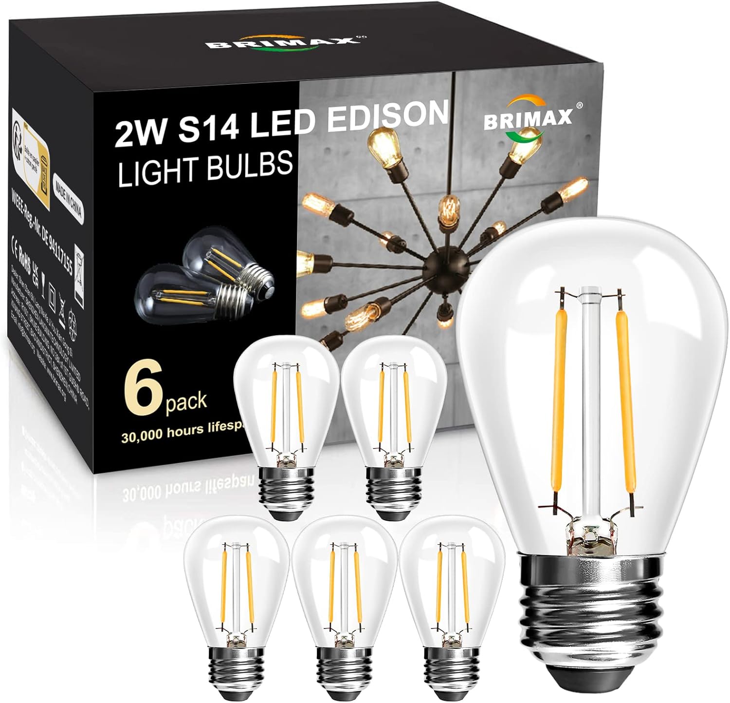 BRIMAX 2W S14 LED Edison Light Bulbs for String Lights Replacement, Clear Glass,...